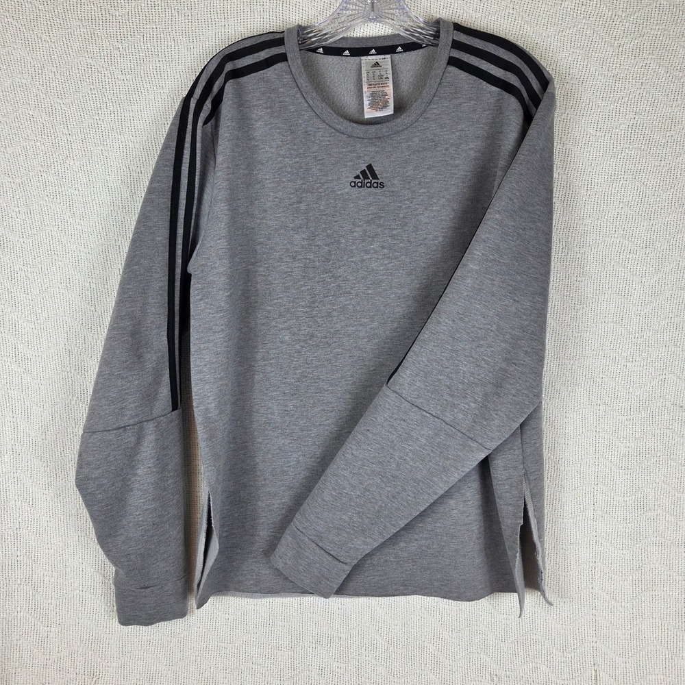 Adidas Mens Gray 3-Stripe Crewneck Sweatshirt HT1193 Side Slits Size L